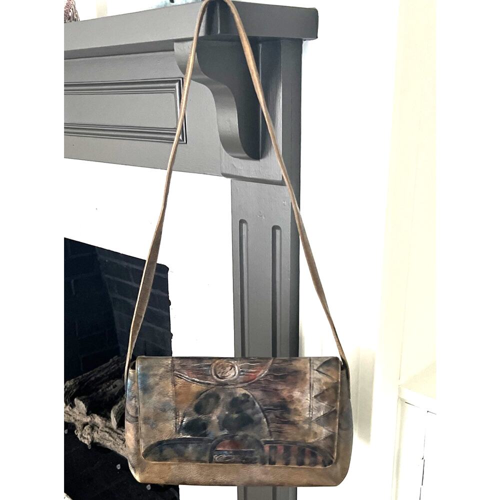 JANE YOO Wearable Art Vtg Hand Painted Signed Leather Bag Boho Purse Shoulder